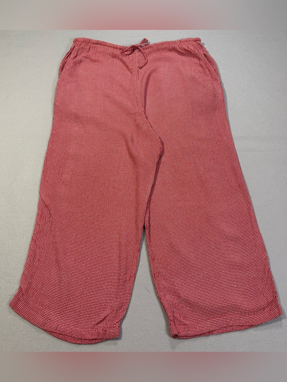 Eileen Fisher Womens M Red White Gangham Wide Leg Crop Pants 100% Rayon Drawstri